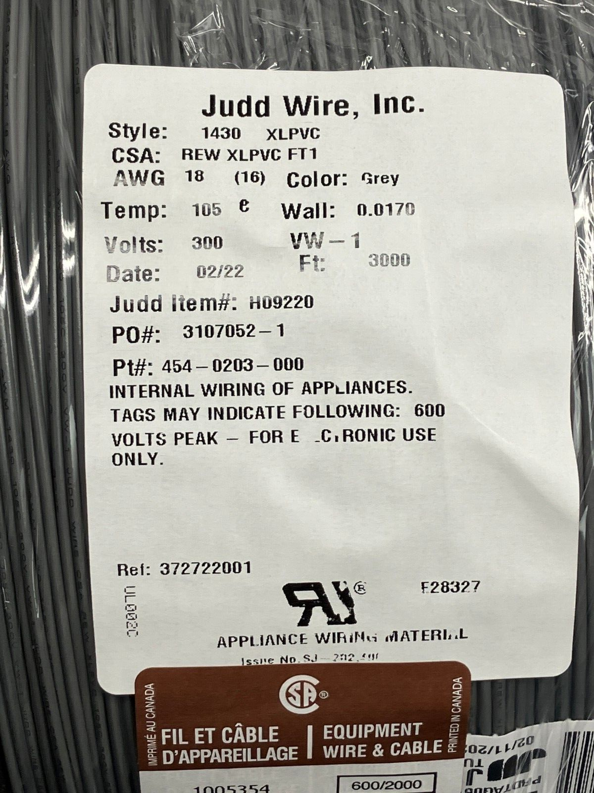 Judd Wire 18 AWG Wire, Grey, Style 1430, XLPVC 300V, 454-0203-000, 3000' FT - Maverick Industrial Sales