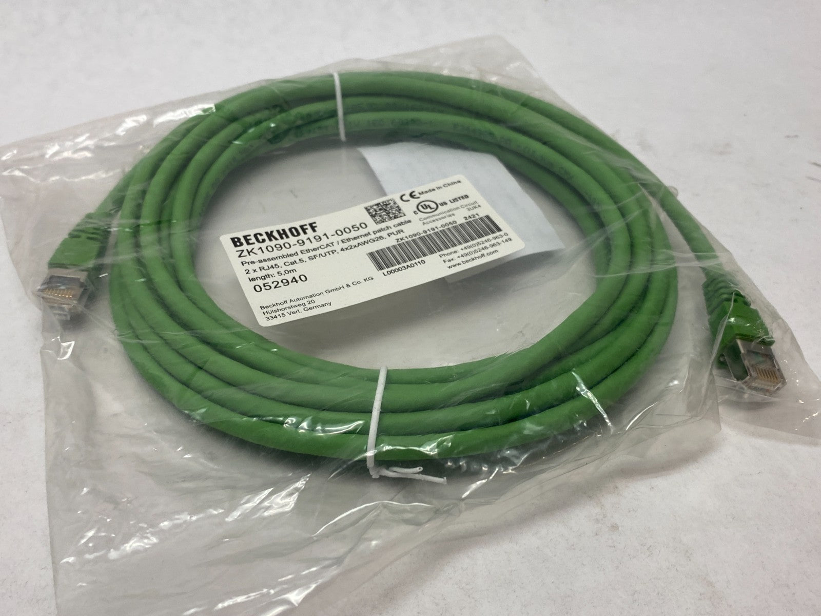 Beckhoff ZK1090-9191-0050 Ethernet/EtherCAT Patch Cable 2 x RJ45 5m 052940 - Maverick Industrial Sales