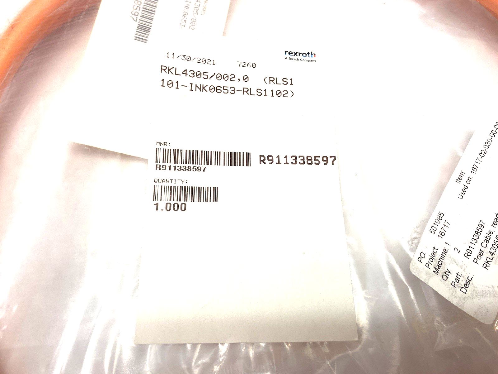 R911338597 | Bosch Rexroth Power Cable RKL4305/002,0 (RLS1101-INK0653-RLS1102) - New - Maverick Industrial Sales