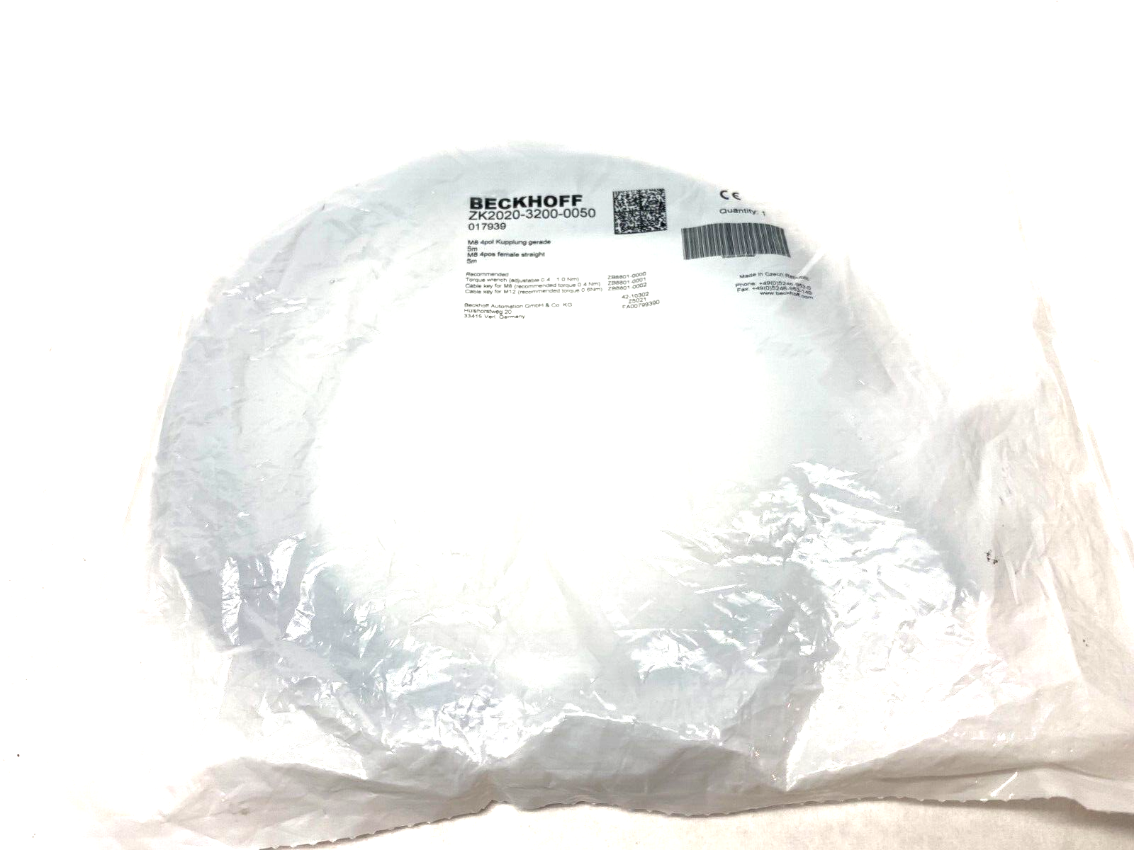 Beckhoff ZK2020-3200-0050 Single Ended Cordset M8 4-Position Female Straight 5m - Maverick Industrial Sales