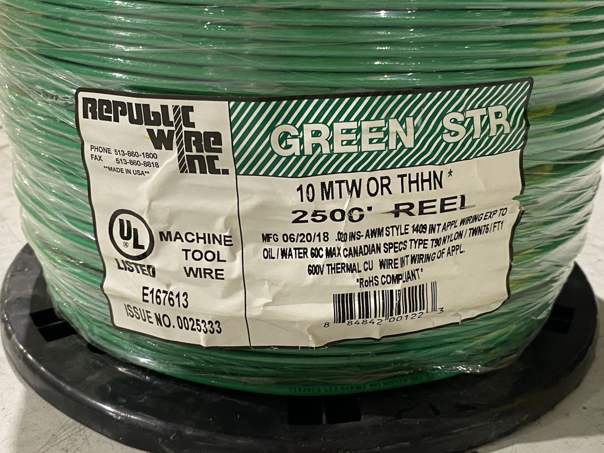 Republic Wire E167613 Sgl-Conductor MTW or THHN 10AWG Green, ROLL OF 2500 FEET - Maverick Industrial Sales