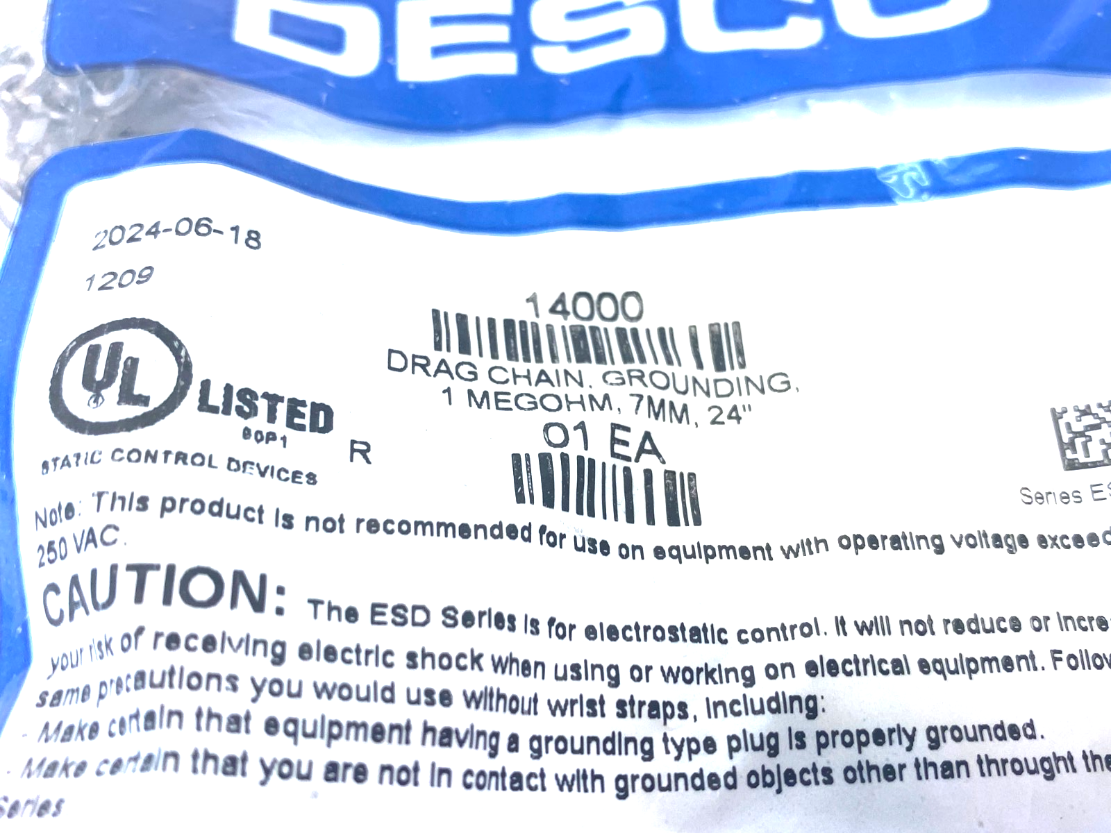 Desco 14000 Grounding Drag Chain 7mm 1 MEGOHM, 24" - Maverick Industrial Sales