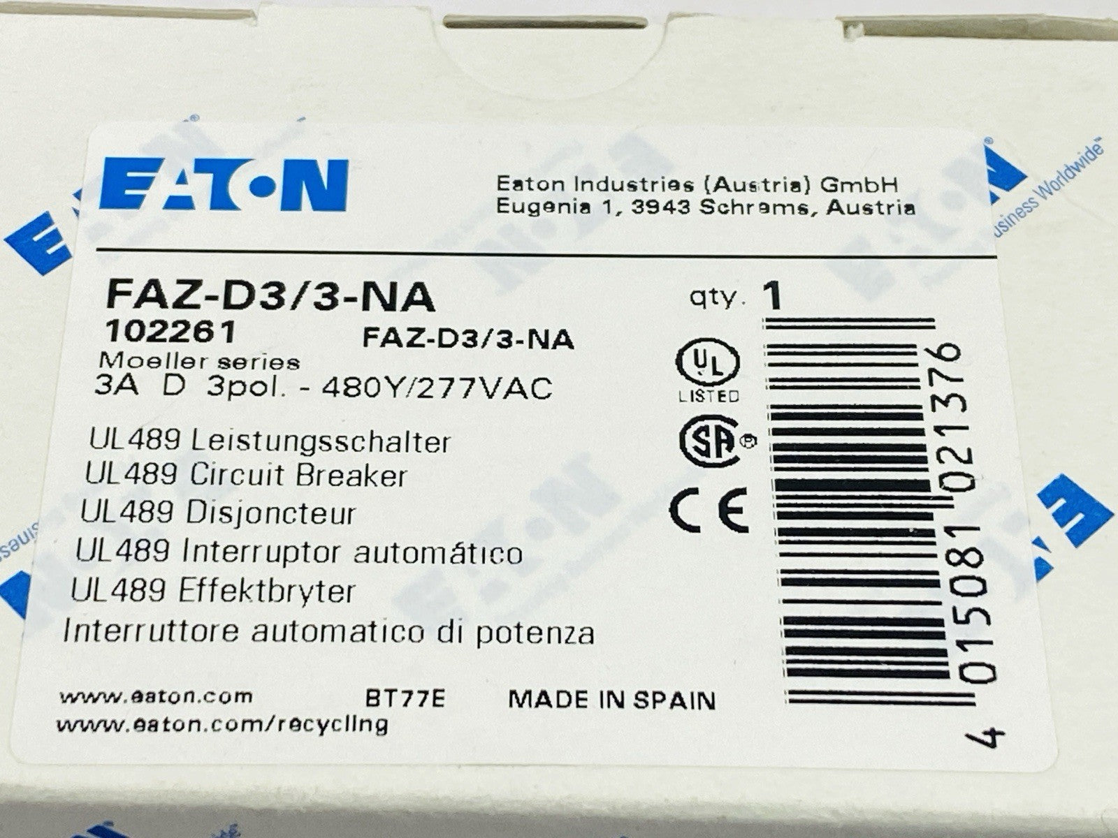 Eaton FAZ-D3/3-NA Circuit Breaker 3A 480Y/277VAC 3-Pole 102261 - Maverick Industrial Sales