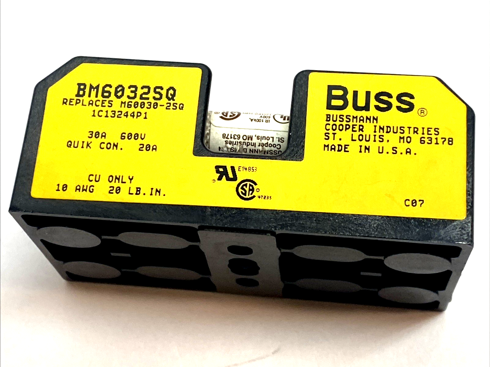 BM6032SQ | Bussmann 2-Pole Midget Fuse Block 30A 600V MISSING SCREW - Used - Maverick Industrial Sales