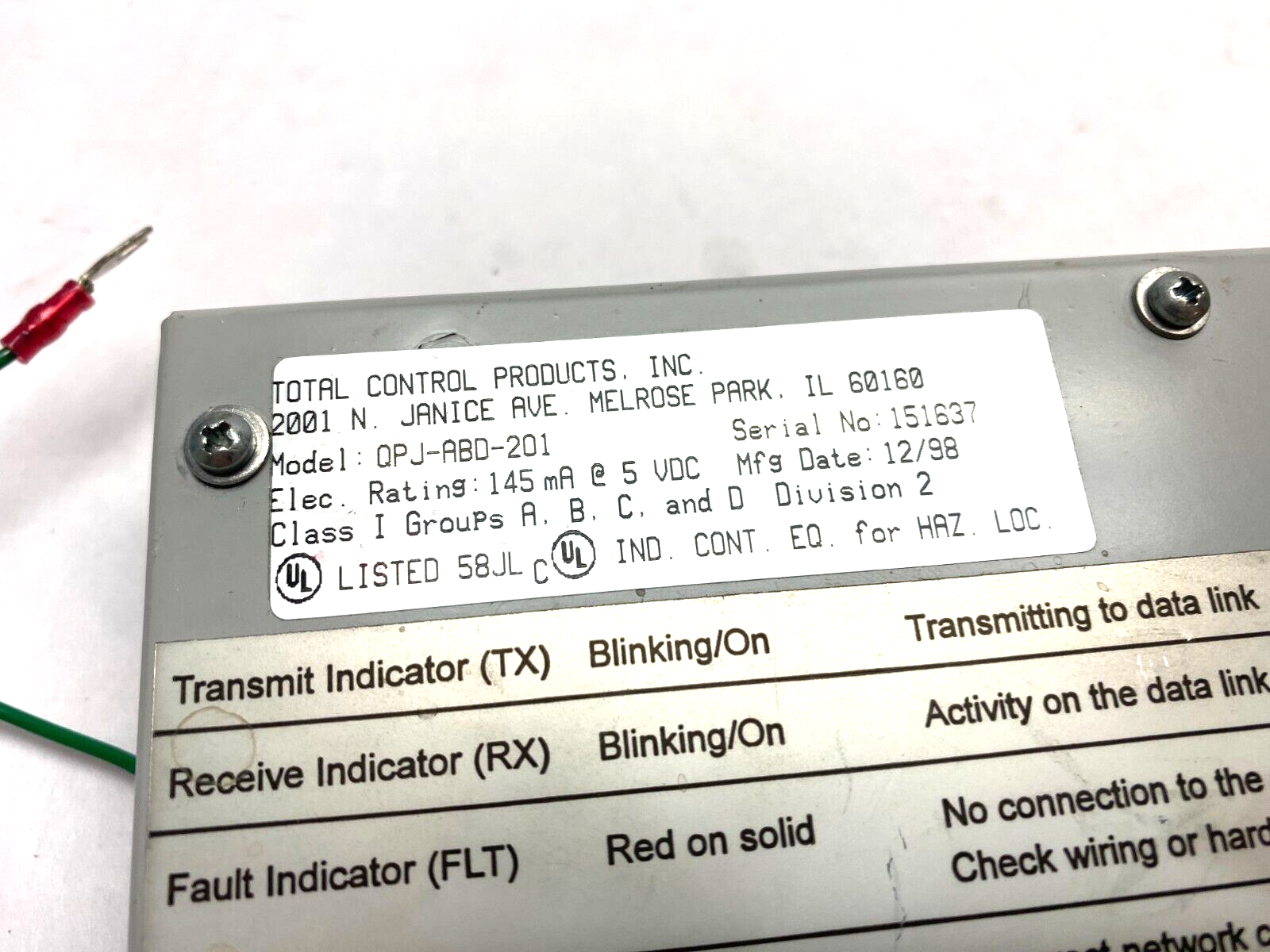 Total Control Products QPJ-ABD-201 Data Highway Quickpanel 145mA @5VDC - Used - Maverick Industrial Sales