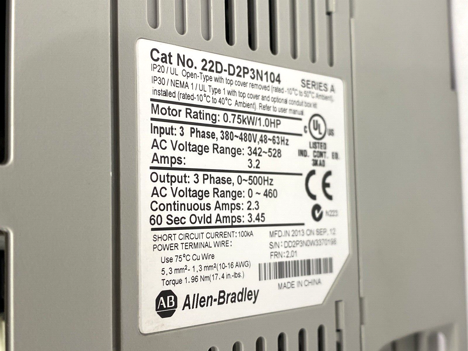 Allen Bradley 22D-D2P3N104 PowerFlex 40P AC Drive Ser. A MISSING HEX NUTS - Maverick Industrial Sales