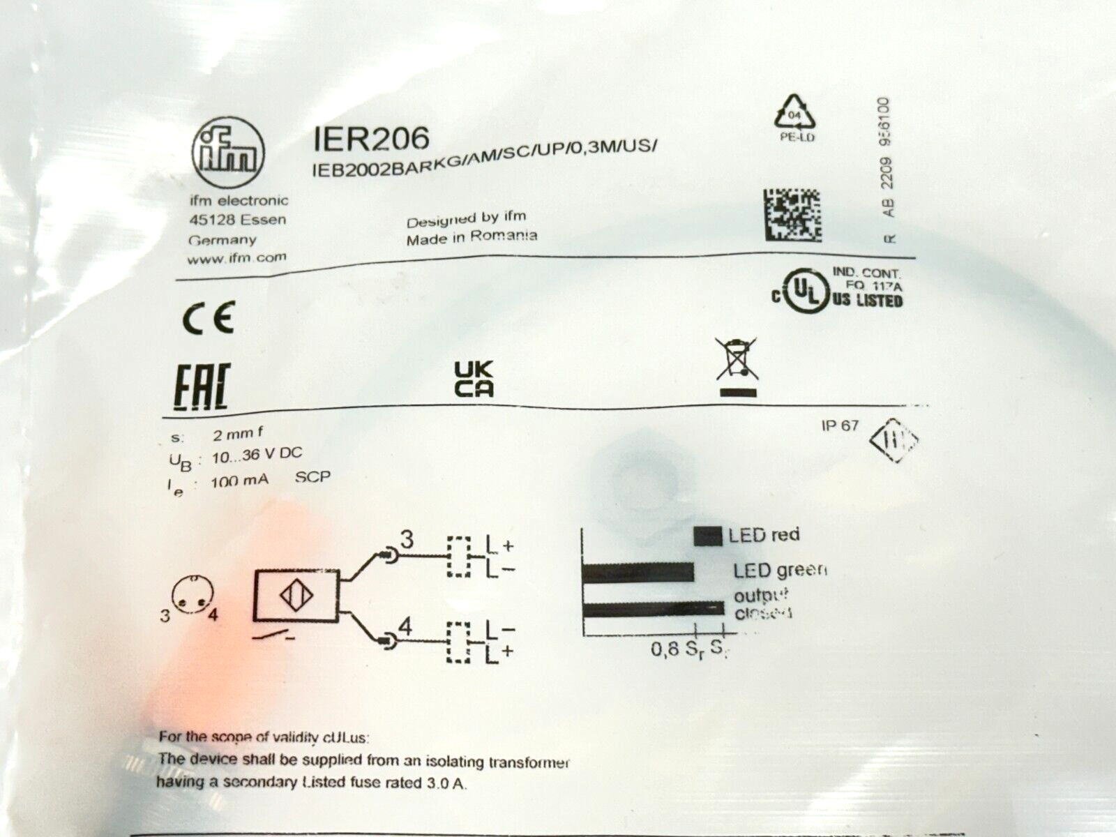 IFM IER206 Inductive Full Metal Sensor M8 IEB2002BARKG/AM/SC/UP/0,3M/US/ - Maverick Industrial Sales