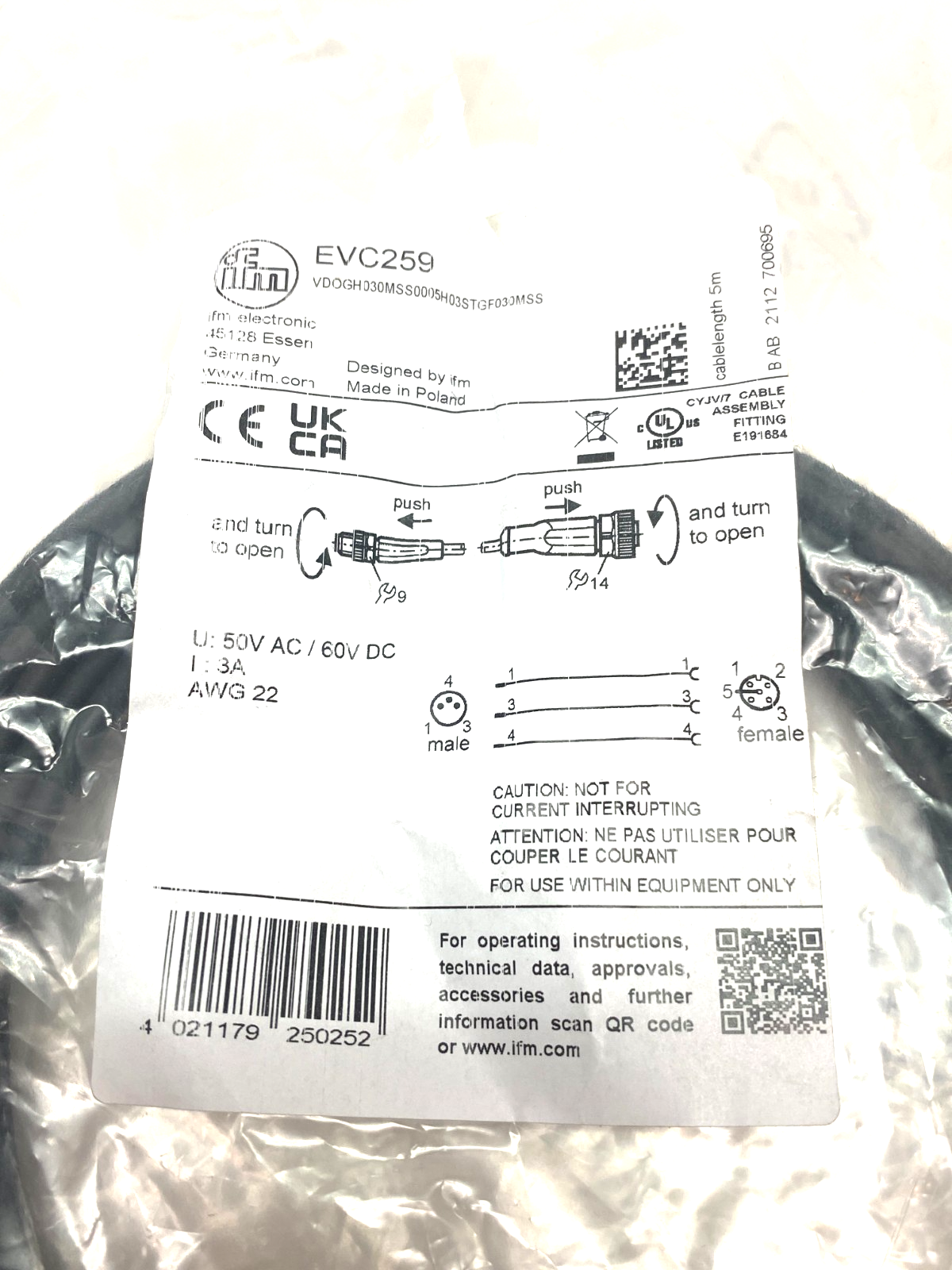 Ifm EVC259 Connection Cable M8 to M12 VDOGH030MSS0005H03STGF030MSS - Maverick Industrial Sales