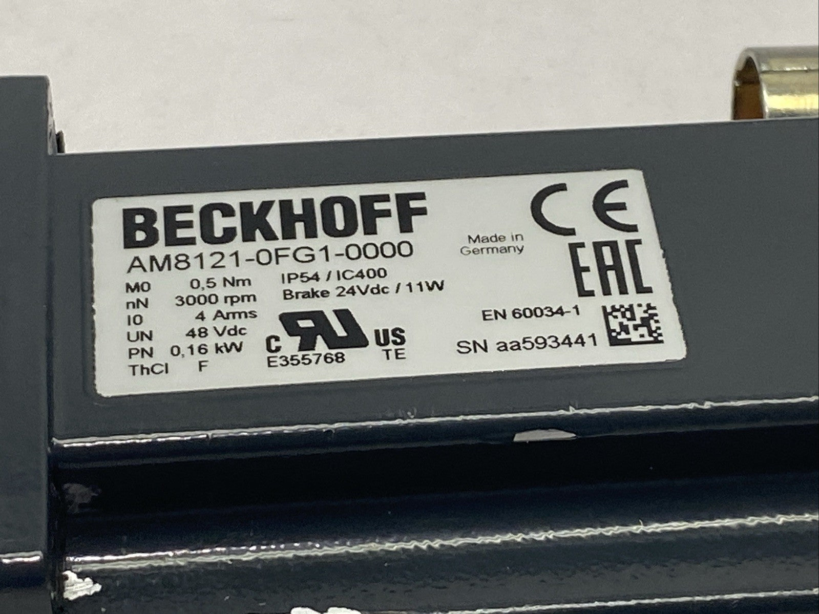 Beckhoff AM8121-0FG1-0000 Servo Motor 3000RPM 48VDC 0.16kW - Maverick Industrial Sales