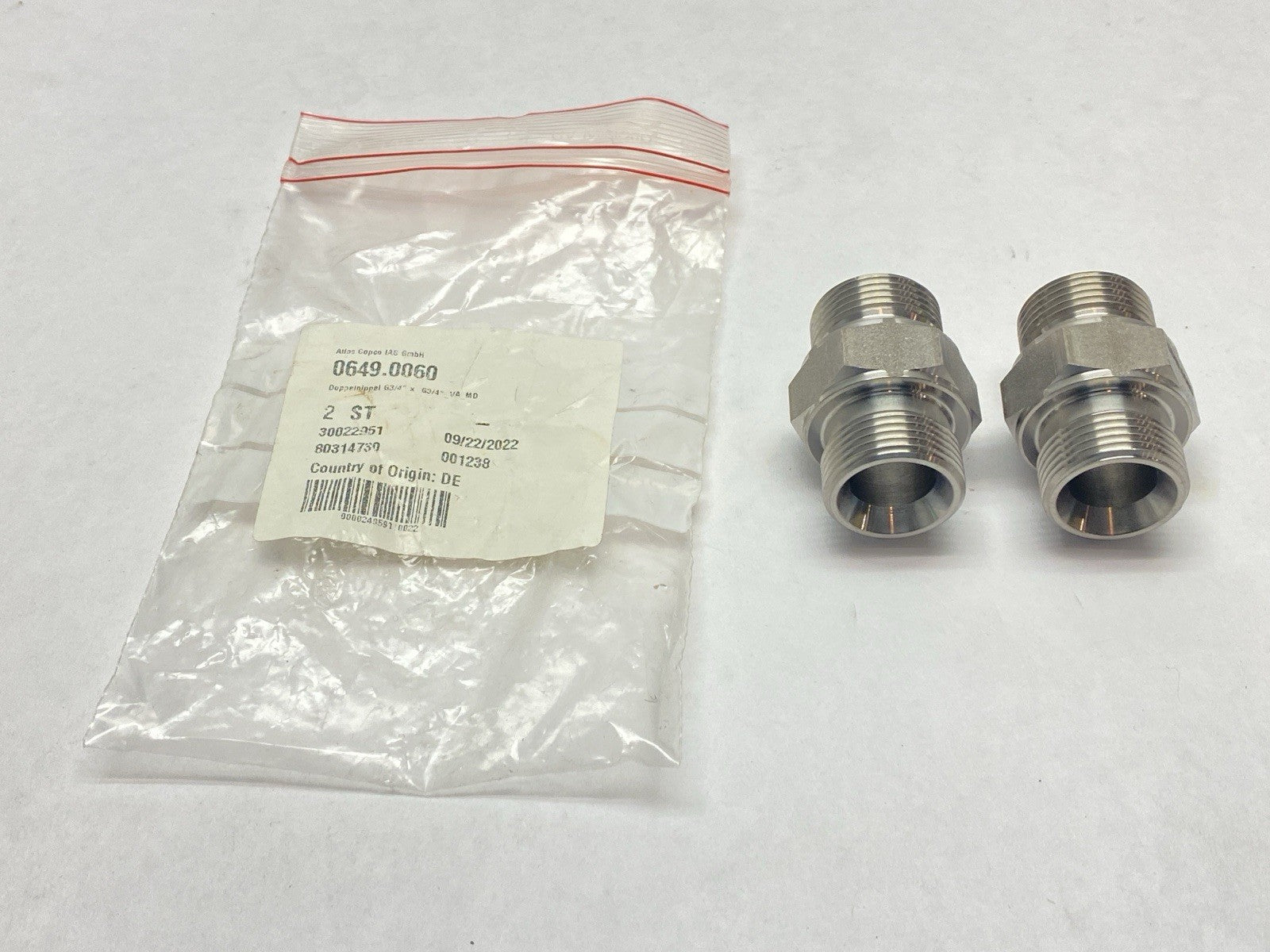 Atlas Copco 0649.0060 Double Nipple 3/4" x 3/4" NPT LOT OF 2 - Maverick Industrial Sales