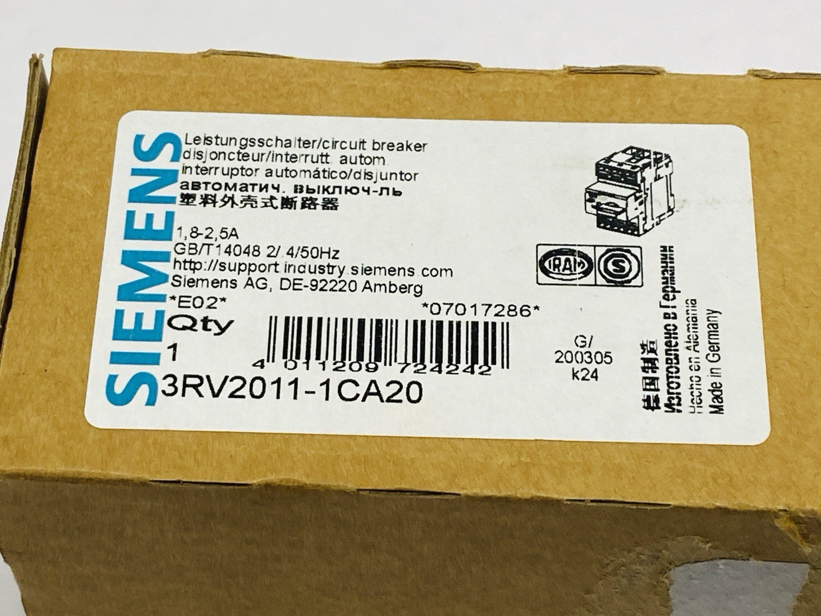 Siemens 3RV2011-1CA20 SIRIUS Motor Protector Circuit Breaker 1.8-2.5A 690V - Maverick Industrial Sales