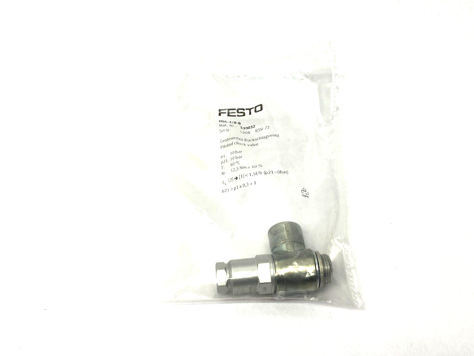 Festo HGL-3/8-B Piloted Non-Return Check Valve 530032 - Maverick Industrial Sales