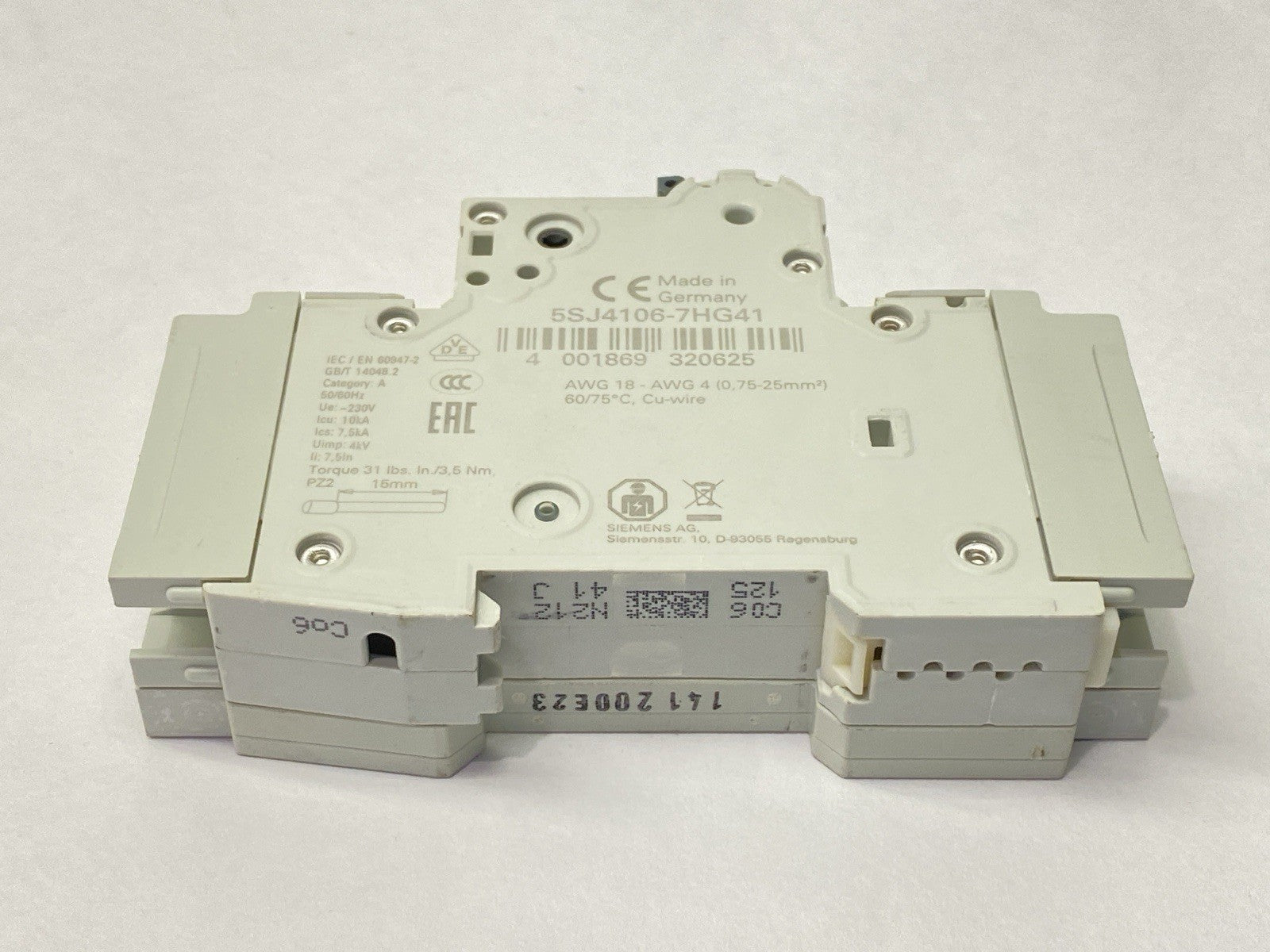 Siemens 5SJ4106-7HG41 Miniature Circuit Breaker 1-Pole 6A 240V w/ 5ST3010-0HG - Maverick Industrial Sales