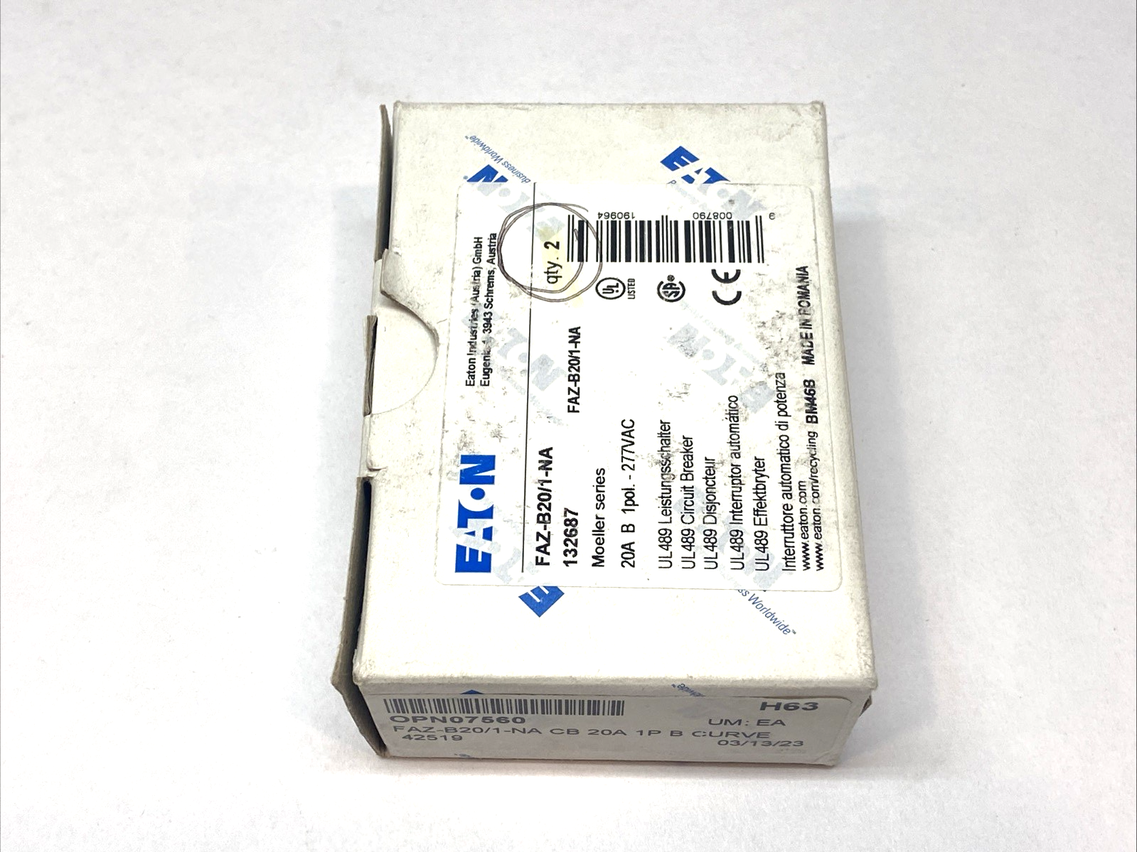 Eaton FAZ-B20/1-NA Circuit Breaker 1-Pole B-Curve 20A 132687 BOX OF 2 - Maverick Industrial Sales