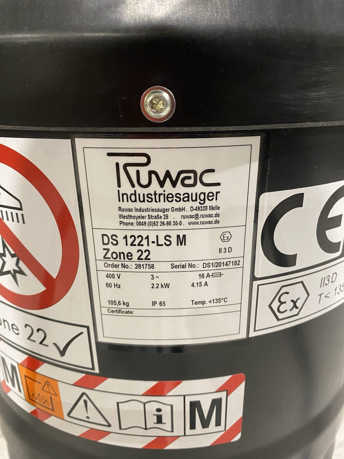 DS 1221-LS M | Ruwac Continuous Duty Industrial HEPA Vacuum 3HP 180CFM, Quiet Op. - Used - Maverick Industrial Sales