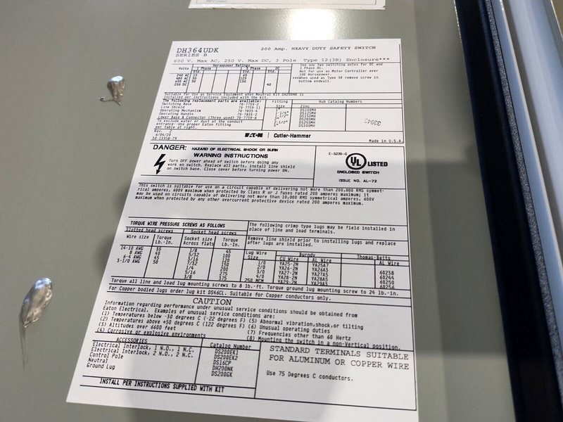 Eaton DH364UDK Heavy Duty Single-Throw Non-Fused Safety Switch 200A 3P, White - Maverick Industrial Sales
