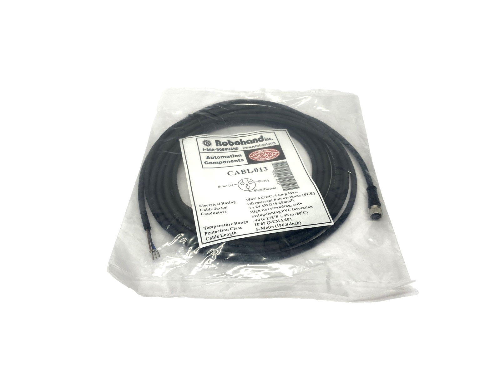 CABL-013 | Robohand M8 3-Pin Quick Disconnect Cable/Cordset 5m - New - Maverick Industrial Sales