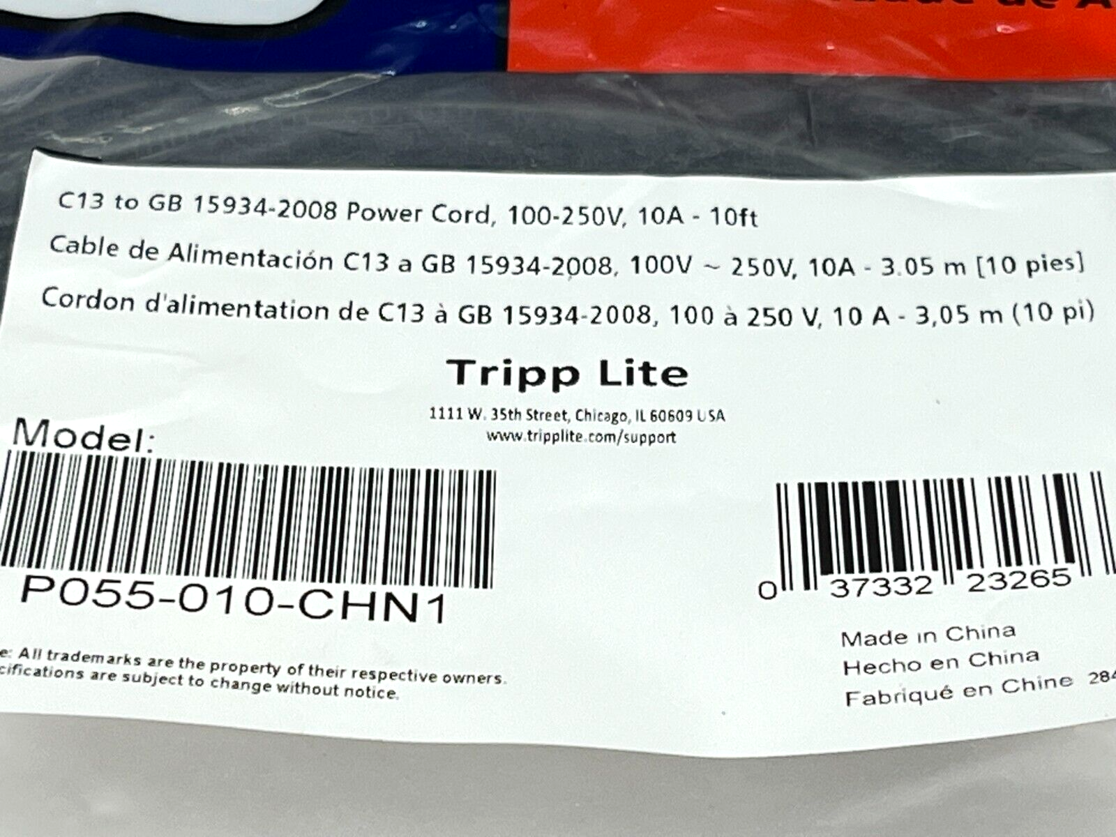 Tripp Lite P055-010-CHN1 Power Cord C13 to GB 15934-2008 10A 100-250V 10ft - Maverick Industrial Sales