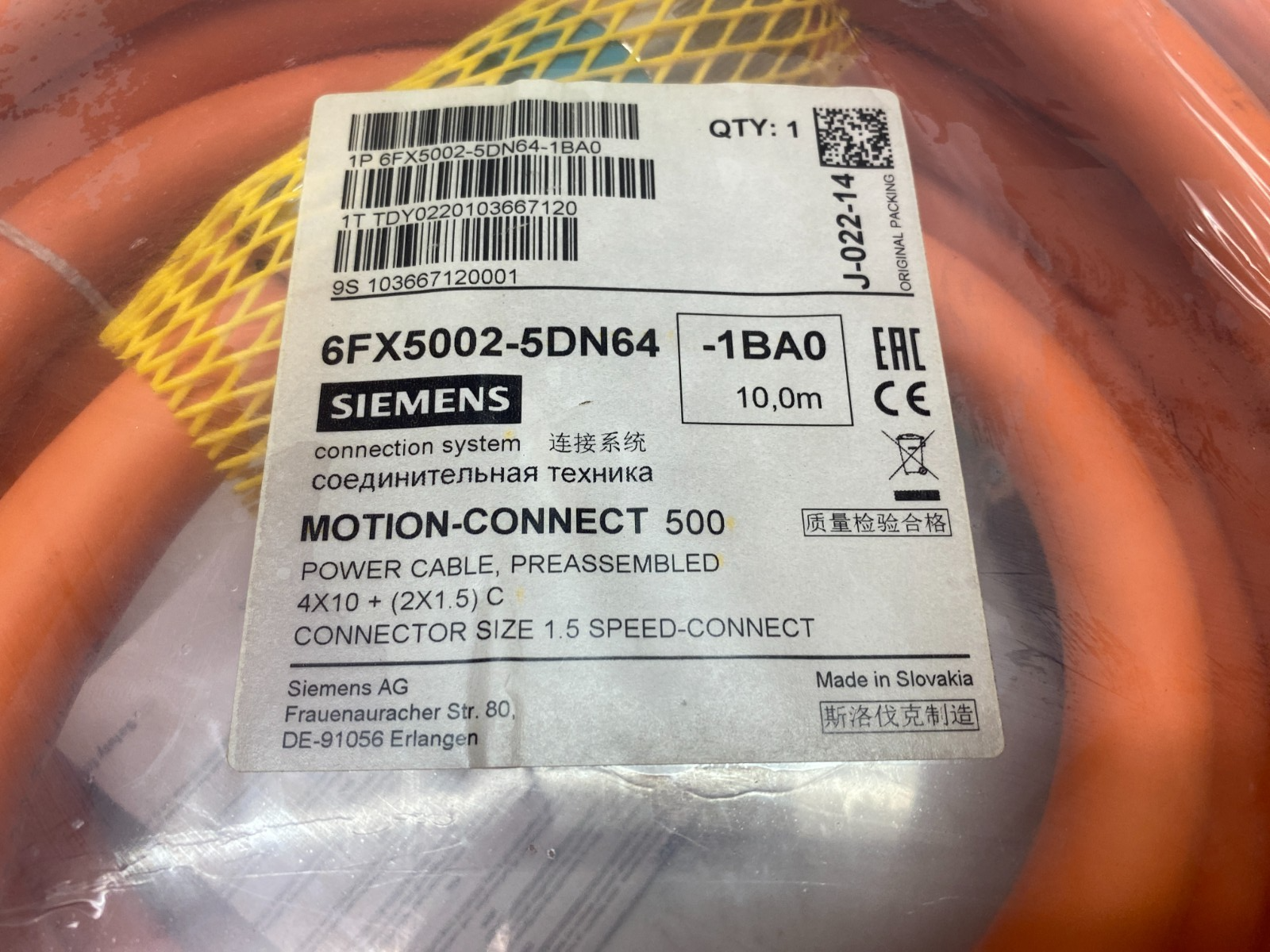 Siemens 6FX5002-5DN64-1BA0 MOTION-CONNECT 500 Power Cable Assembly - Maverick Industrial Sales