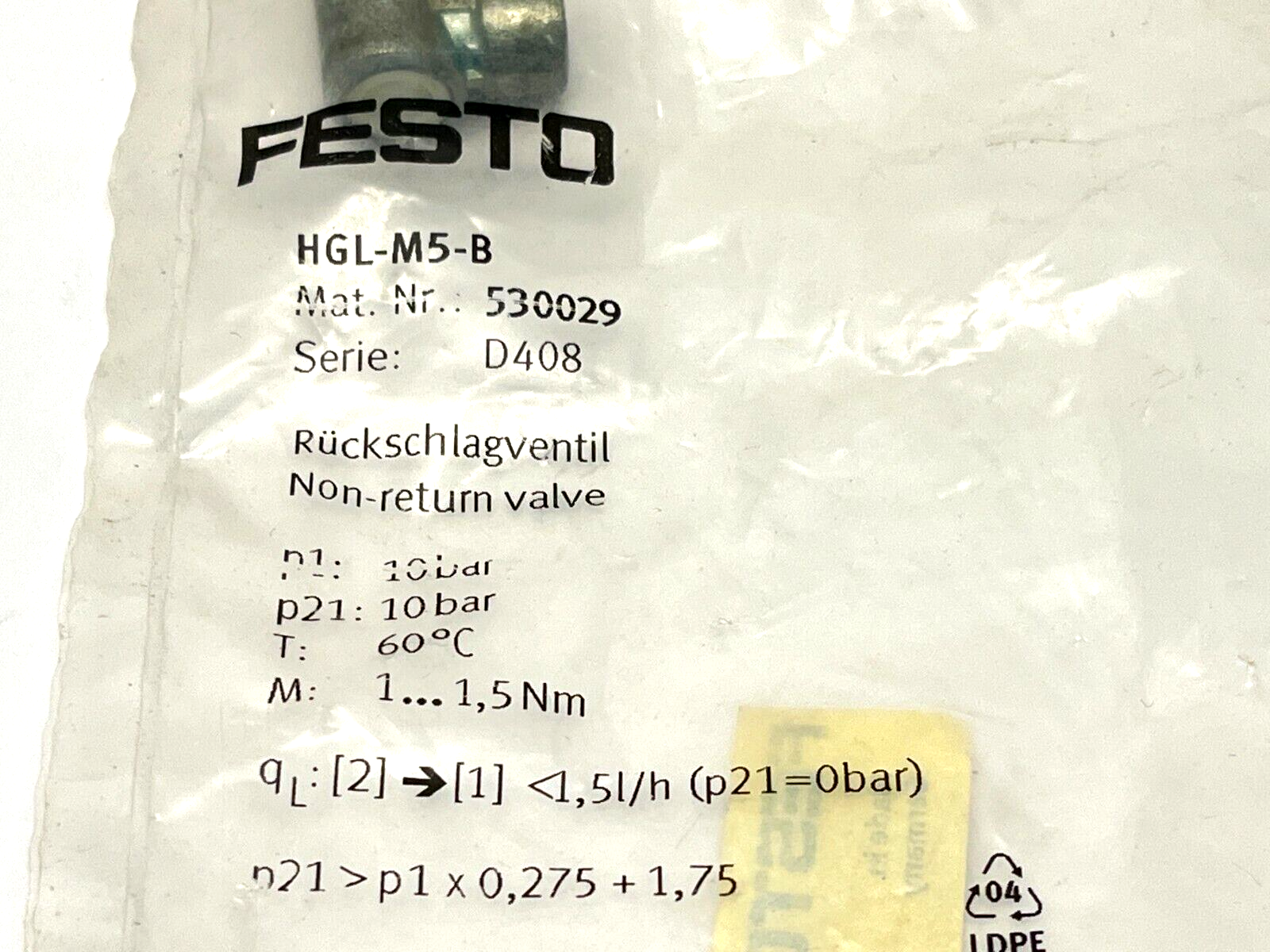 Festo HGL-M5-B Non-Return Valve 530029 - Maverick Industrial Sales