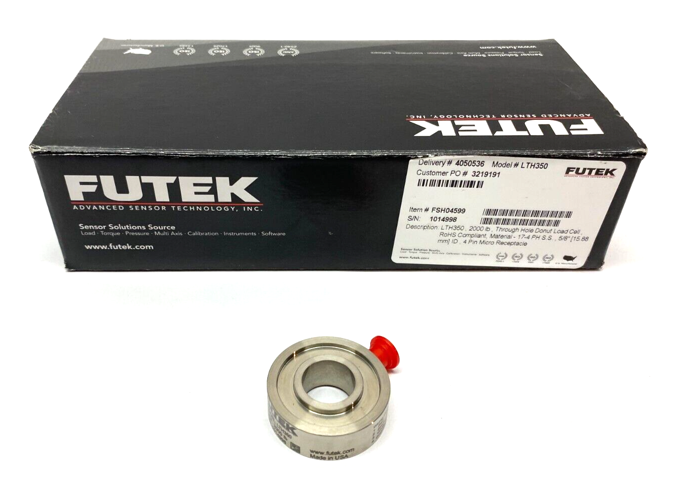 Futek LTH350 FSH04599 Through-Hole Donut Load Cell 5/8" 4-Pin 2000lb Capacity - Maverick Industrial Sales