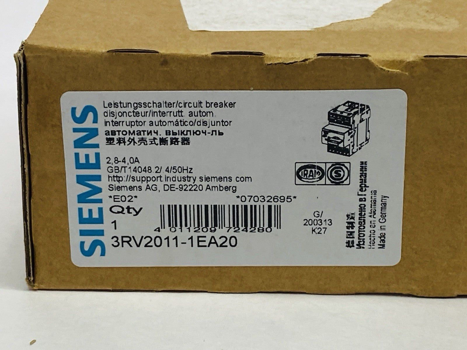 Siemens 3RV2011-1EA20 Circuit Breaker Size S00 Class 10 2.8-4.0A - Maverick Industrial Sales