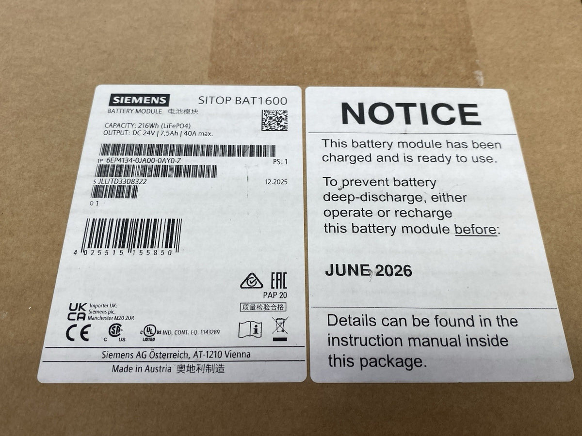 Siemens 6EP4134-0JA00-0AY0-Z SITOP BAT1600 24 V DC 7.5 Ah LiFePO4 Lith Battery - Maverick Industrial Sales