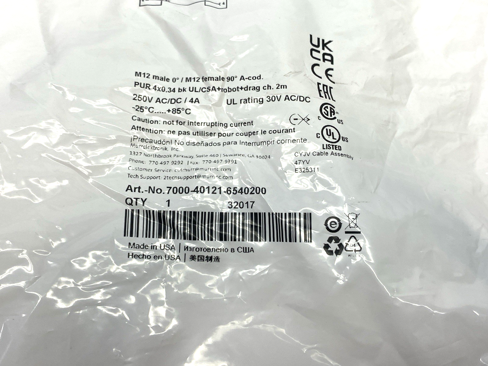 Murr Elektronik 7000-40121-6540200 Double-Ended Cordset M12 M to F Connectors 2m - Maverick Industrial Sales