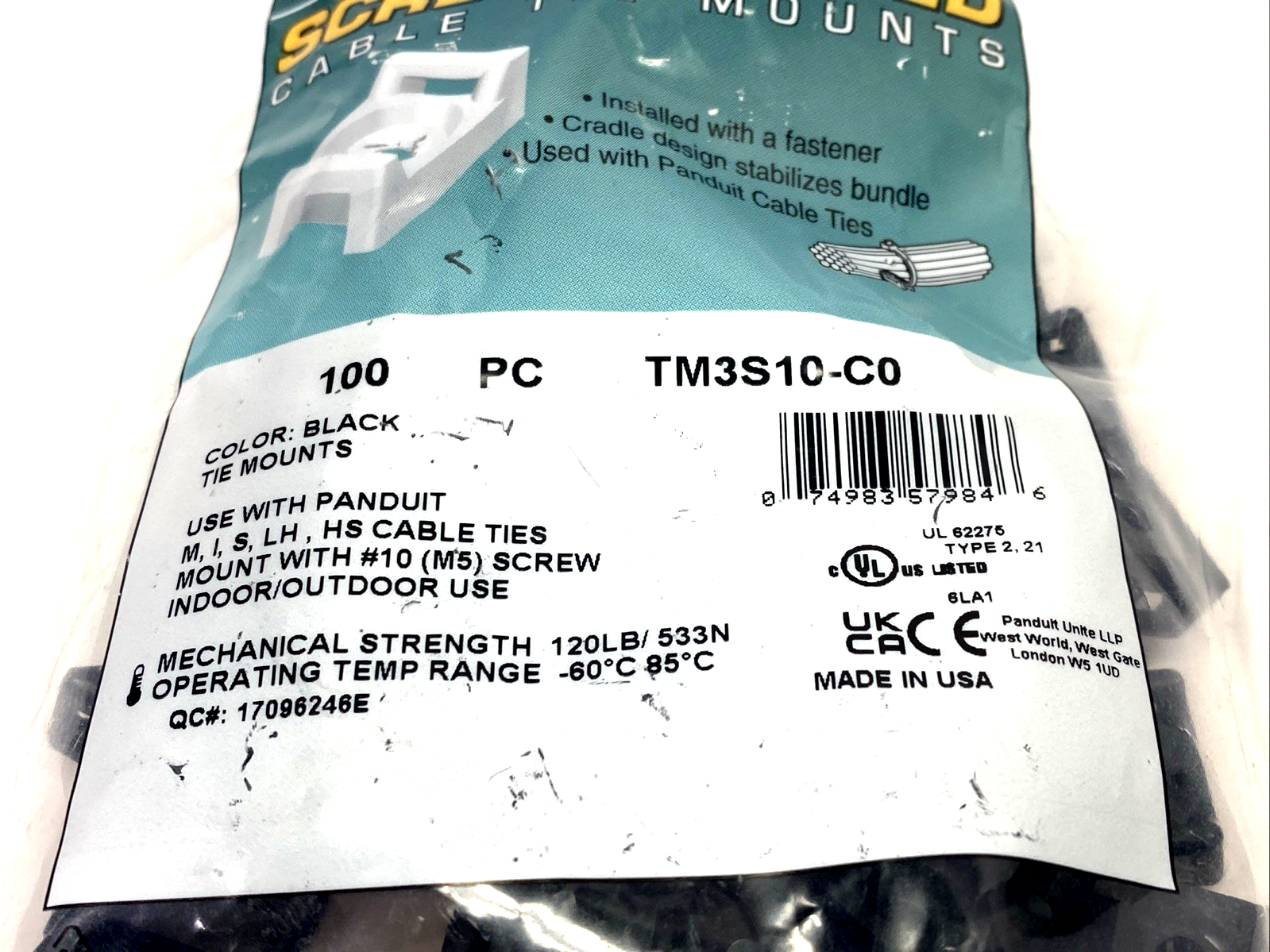 TM3S10-C0 | Panduit Black Cable Tie Mount, UV PA 6.6, 0.86"x0.61" #10 Screw 100-PK - New - Maverick Industrial Sales