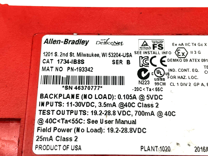 Allen Bradley 1734-IB8S Ser. B I/O Module Safety 8 Point Input - Maverick Industrial Sales