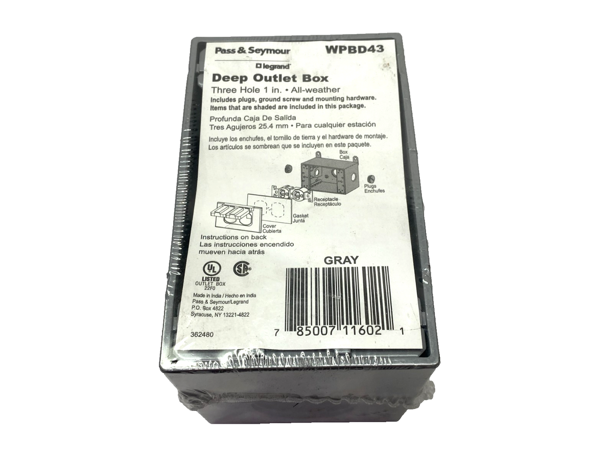 Legrand WPBD43 Weatherproof One Gang Deep Outlet Box, 3-Hole 4.59" H x 2.82" W - Maverick Industrial Sales