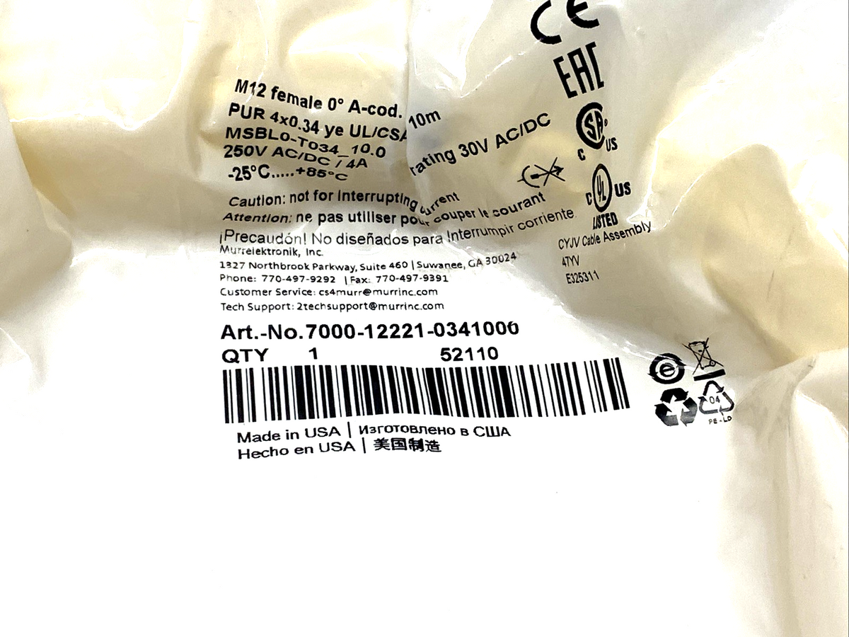 Murr Elektronik 7000-12221-0341000 Cordset M12 Female Axial 4-Pole 10m - Maverick Industrial Sales