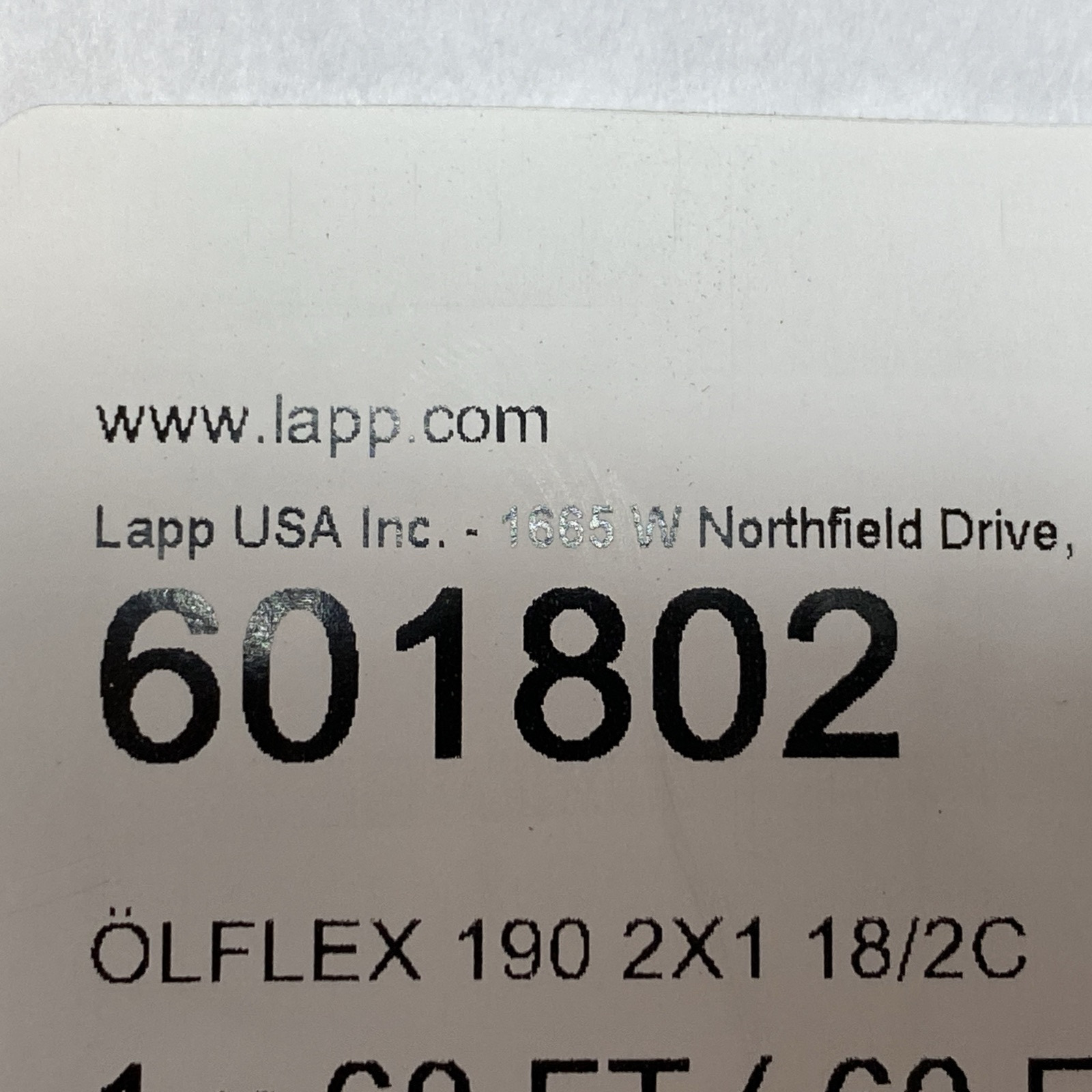 LAPP 601802 Cable OLFLEX 190 2X1 18/2C 58-FT 2C 18 AWG Gray - Maverick Industrial Sales