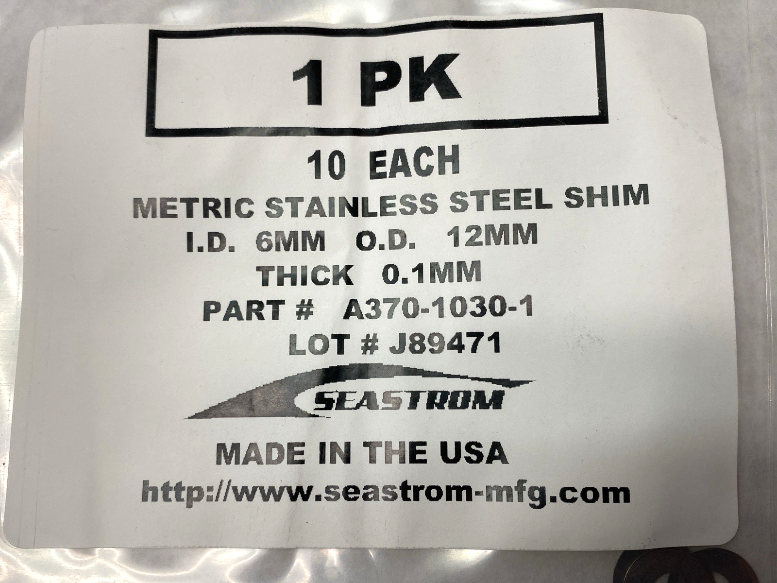 Seastrom A370-1030-1 Stainless Steel Shim 6mm ID 12mm OD .1mm Thick PKG OF 10 - Maverick Industrial Sales