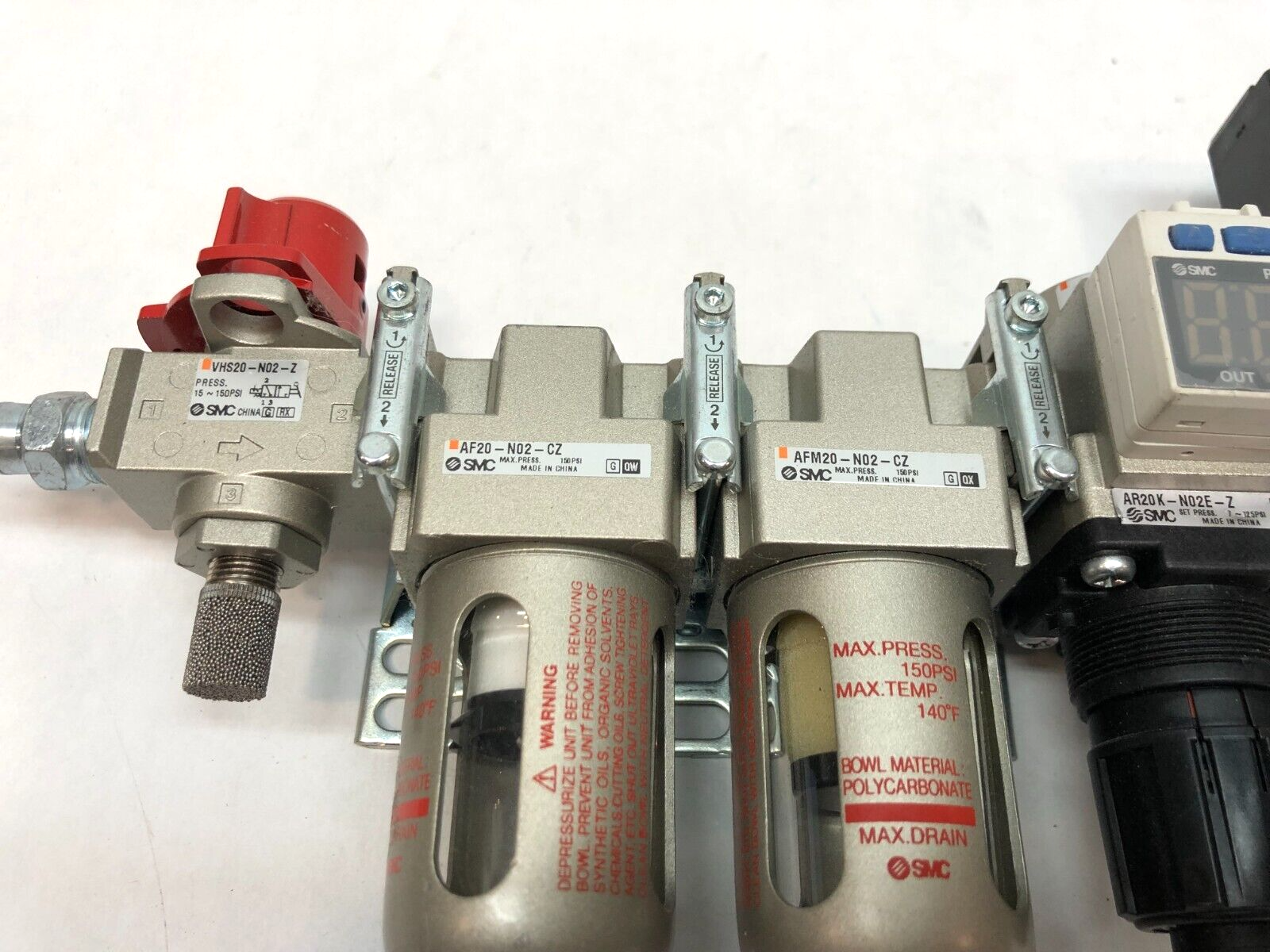 SMC Pneumatic Filter Regulator Assembly, AF20-N02-CZ, AV2000-N02, ISE35-R-65-P - Maverick Industrial Sales