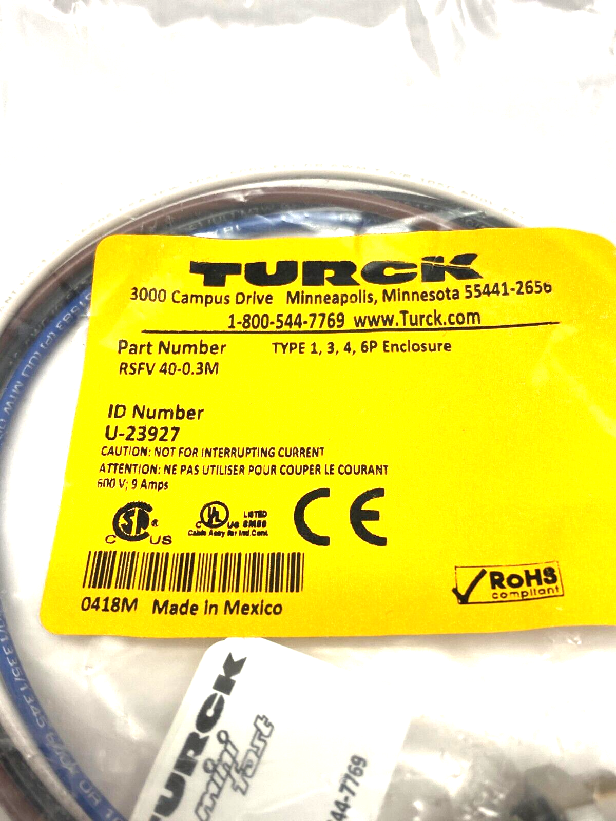 Turck RSFV 40-0.3M Panel-Mount Bulkhead Connector Receptacle 7/8-16 U-23927 - Maverick Industrial Sales