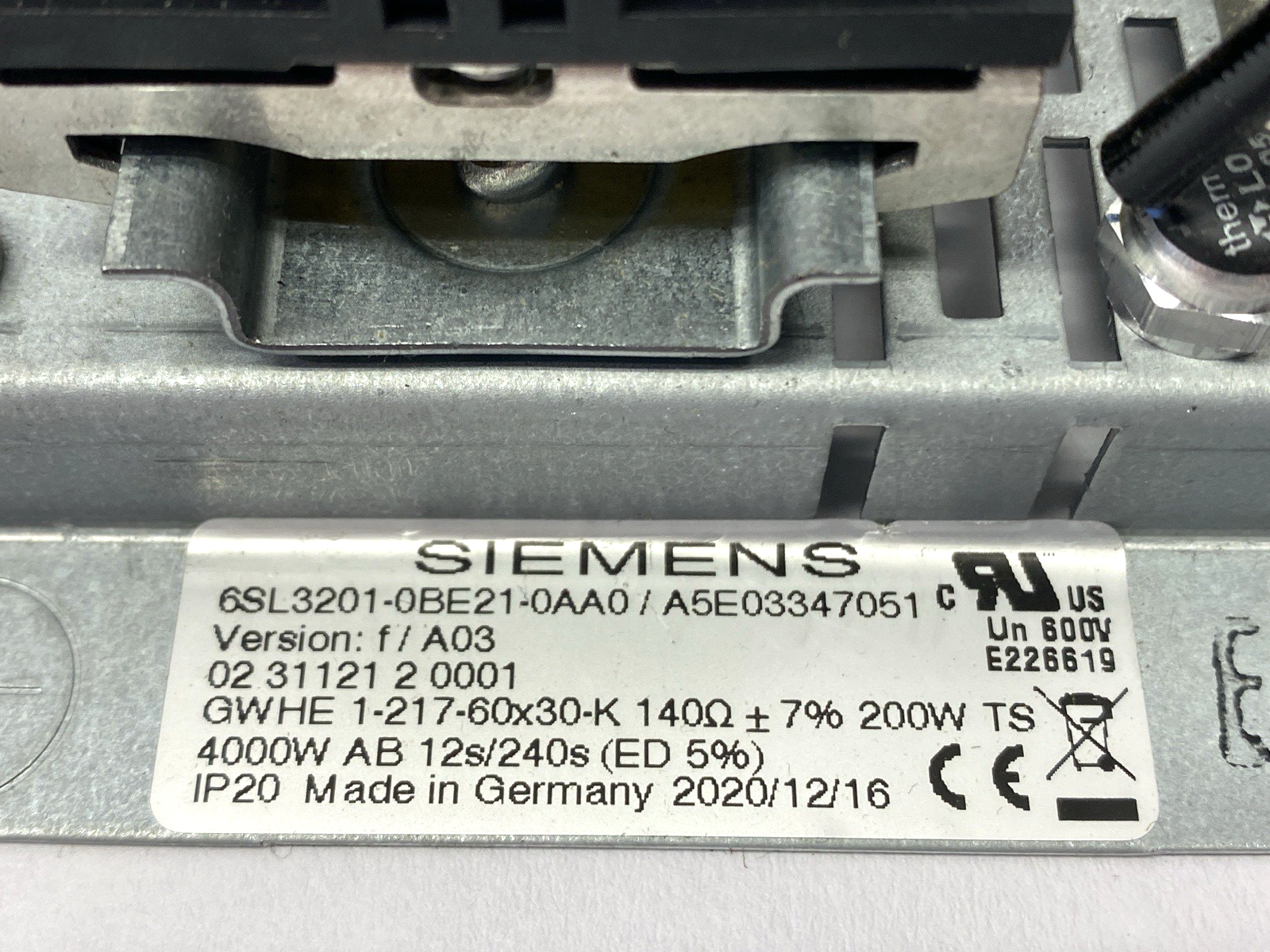 Siemens 6SL3201-0BE21-0AA0 SINAMICS Braking Resistor 140 Ohm - Maverick Industrial Sales