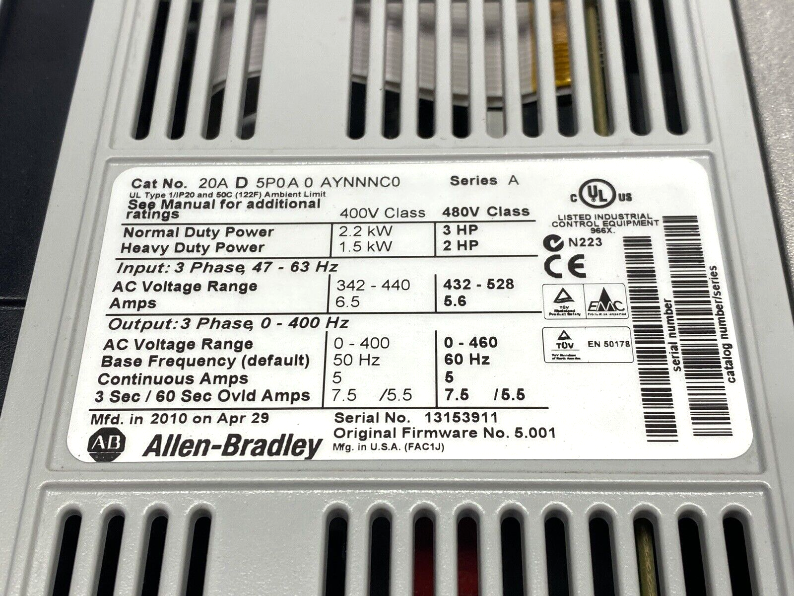 Allen Bradley 20AD5P0A0AYNNNC0 PowerFlex 70 3-Phase AC Drive Ser. A 480VAC 5A - Maverick Industrial Sales