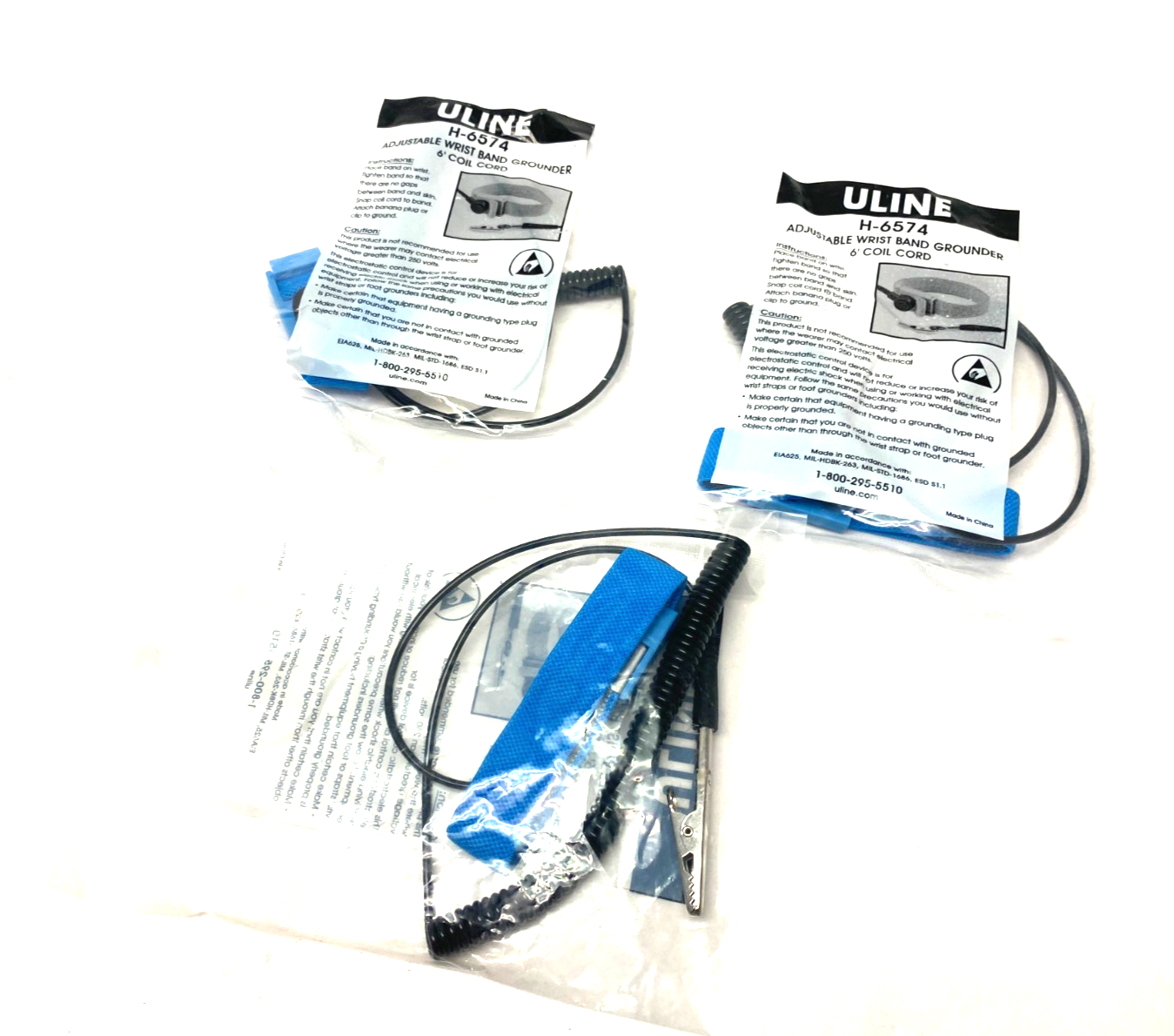 Uline H-6574 Adjustable Wrist Band Grounding Strap 6' Coil Cord LOT OF 3 - Maverick Industrial Sales