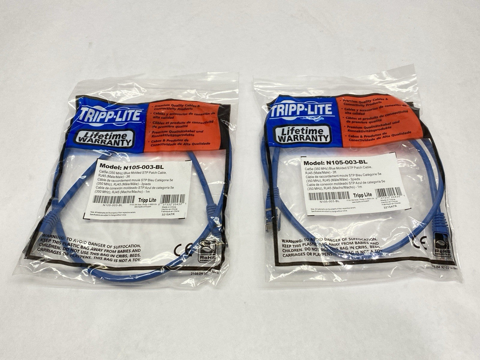 Eaton N105-003-BL Tripp Lite Cat5e Blue Molded STP Patch Cable RJ45 3ft LOT OF 2 - Maverick Industrial Sales
