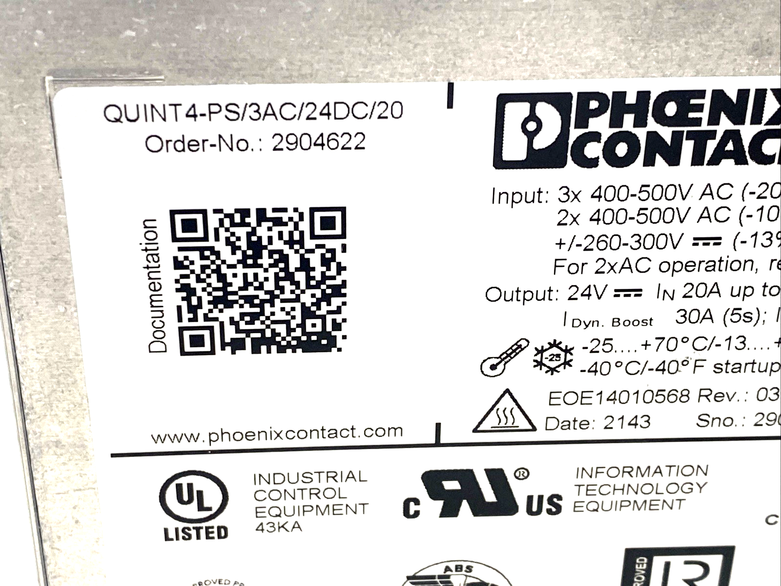 Phoenix Contact QUINT4-PS/3AC/24DC/20 Power Supply 2904622 - Maverick Industrial Sales