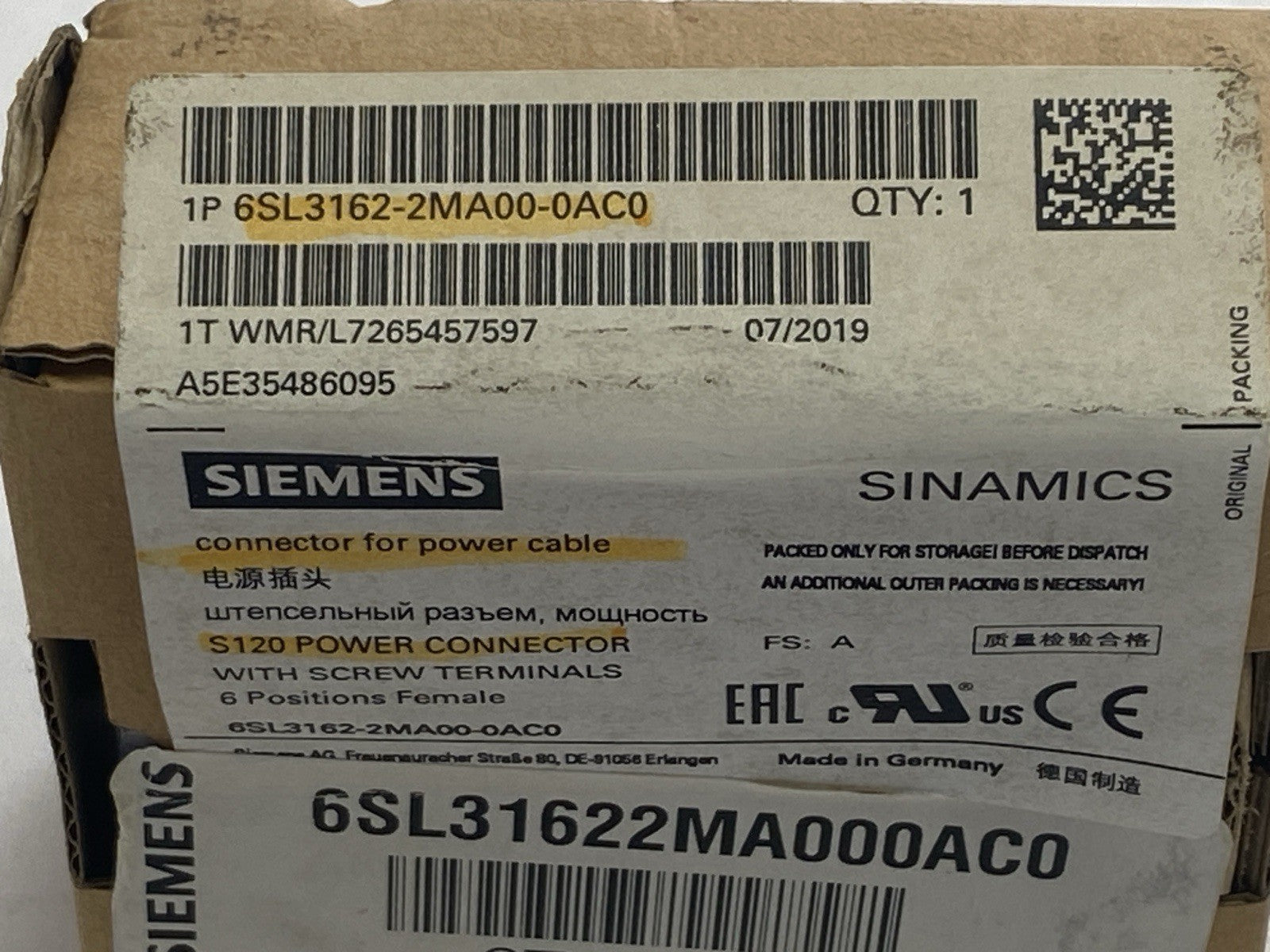 Siemens 6SL3162-2MA00-AC0 SINAMICS Power Cable Connector - Maverick Industrial Sales