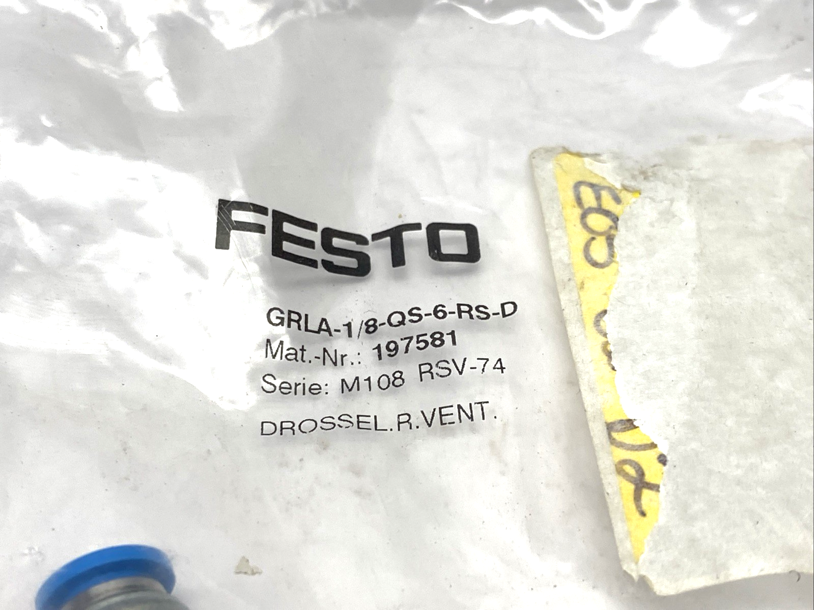 Festo GRLA-1/8-QS-6-RS-D One-Way Flow Control Valve, 6mm Tube OD, 197581 - Maverick Industrial Sales