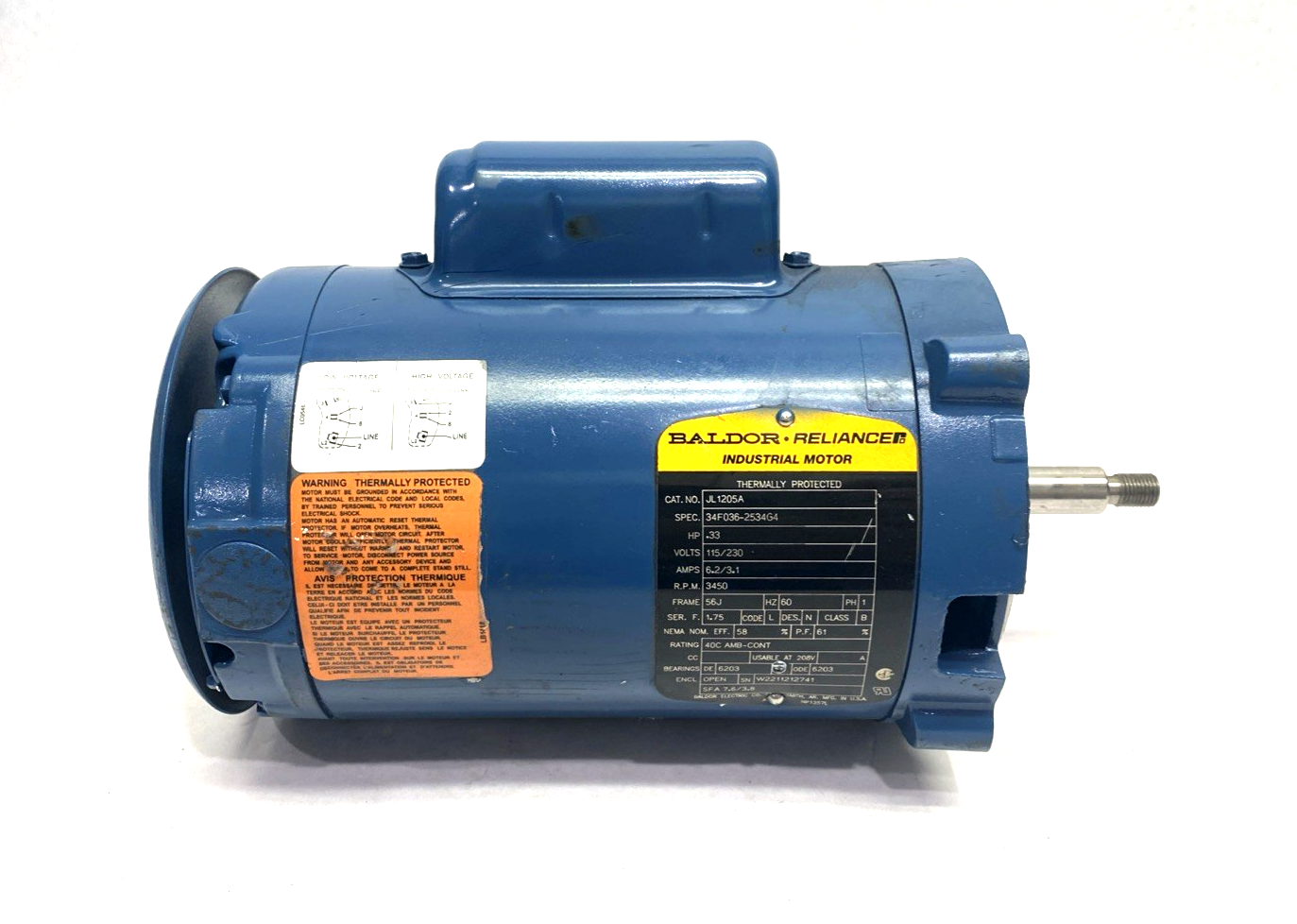 JL1205A | Baldor-Reliance Motor 115/230V .33HP 1PH 34F036-2534G4, Vent-Rite G00312 - Used - Maverick Industrial Sales
