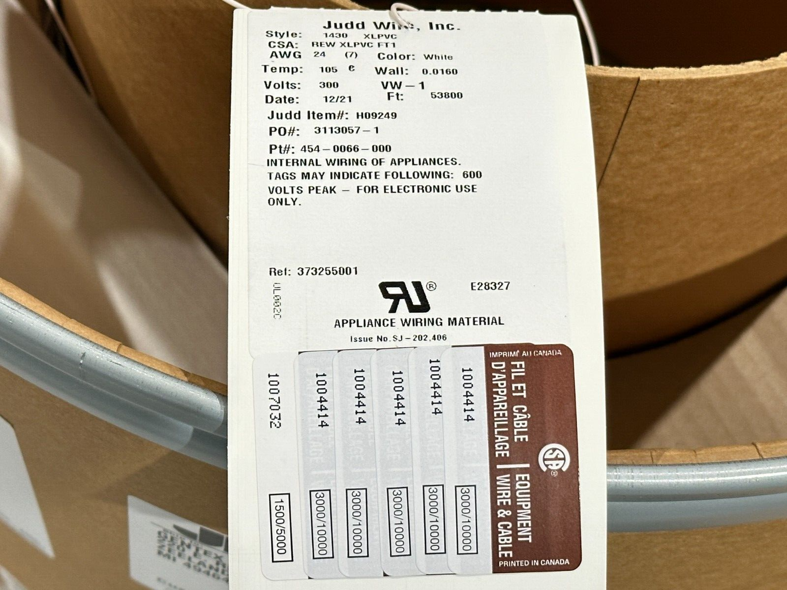 Judd Wire 454-0066-00 Wire White Style 1430 24AWG 300V H09249 53,800ft Roll - Maverick Industrial Sales