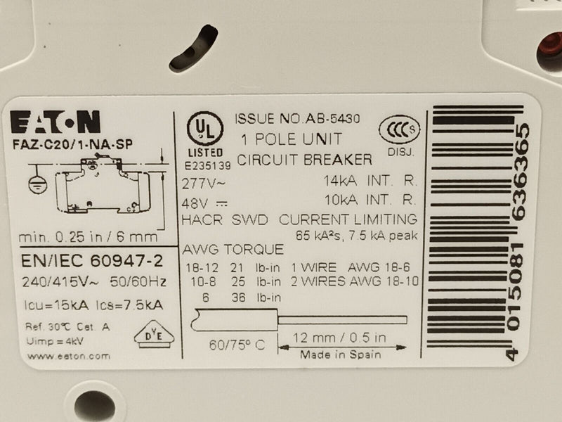 Eaton FAZ-C20/1-NA-SP Miniature Circuit Breaker 20A - Maverick Industrial Sales