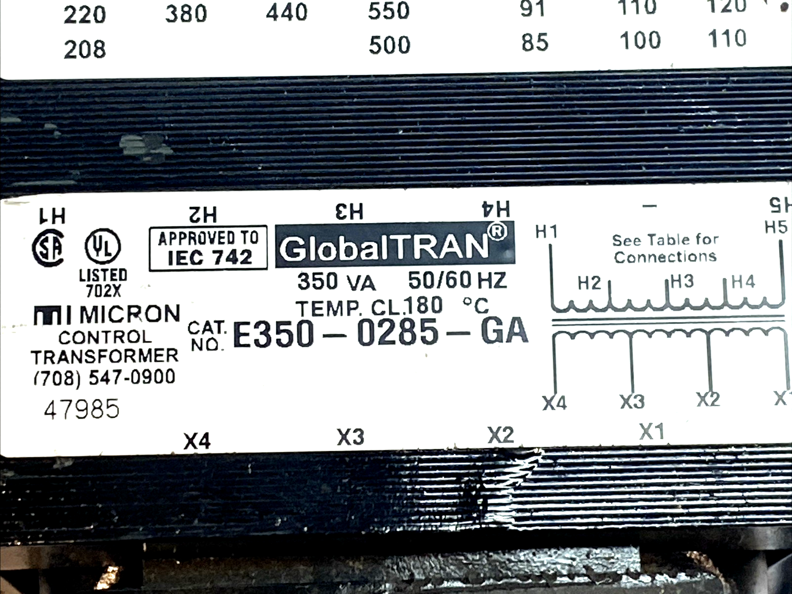 Micron GlobalTRAN E350‑0285‑GA 350VA control transformer 208‑600V 85‑130V - Maverick Industrial Sales