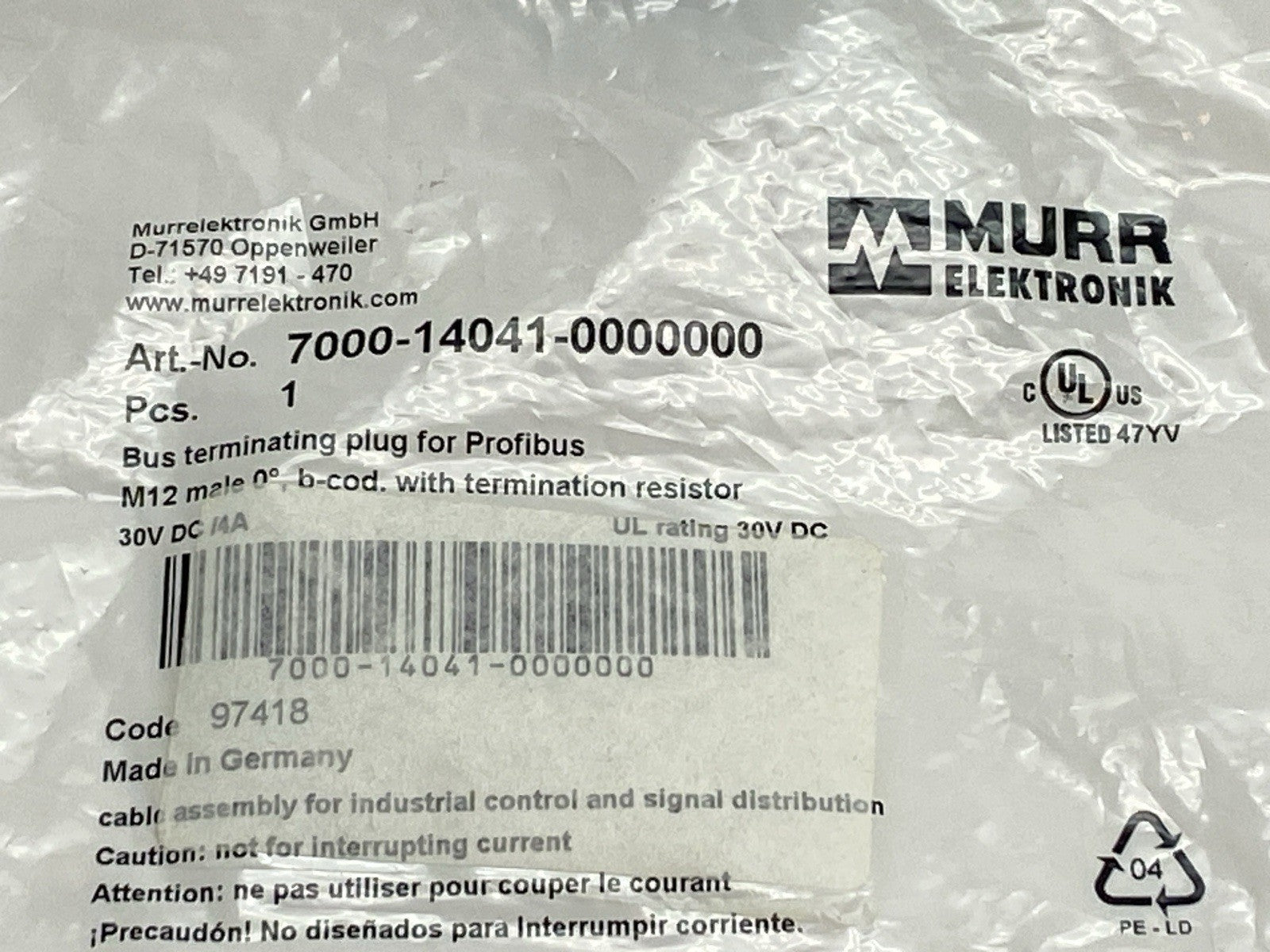 Murr Elektronik 7000-14041-0000000 Bus Terminating Plug For Profibus Male M12 - Maverick Industrial Sales