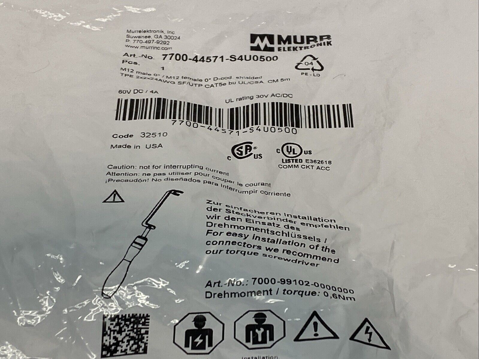 Murr Elektronik 7700-44571-S4U0500 Cordset Male/Female M12 4-Pin 5m - Maverick Industrial Sales