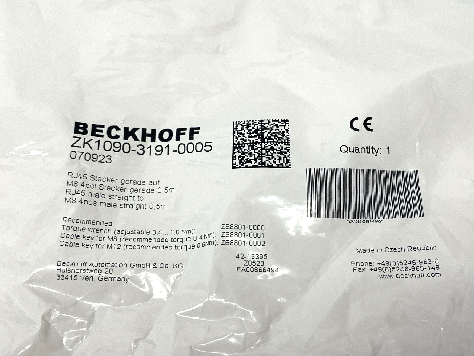Beckhoff ZK1090-3191-0005 Double-Ended Ethernet Cable RJ45 to M8 070923 - Maverick Industrial Sales